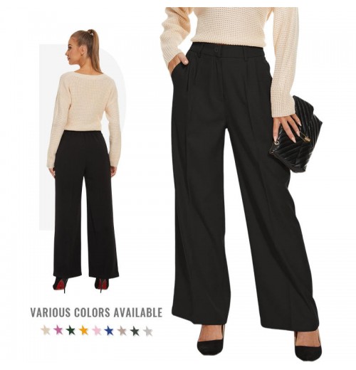 Custom Women Wide Leg Pants High Stretch Business Work Pants Long Straight High Waist Front Pleated Loose Fit Suit Pants Custom Women Wide Leg Pants High Stretch Business Work Pants Long Straight High Waist Front Pleated Loose Fit Suit Pants